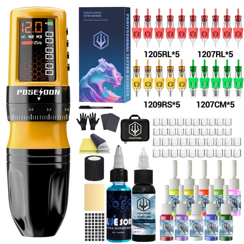 Kit de tatuaje POSEIDON, Kit de pluma de tatuaje de abeja amarilla para maquillaje permanente, Kit de máquina de tatuaje, Kit de pistola de tatuaje inalámbrica ajustable