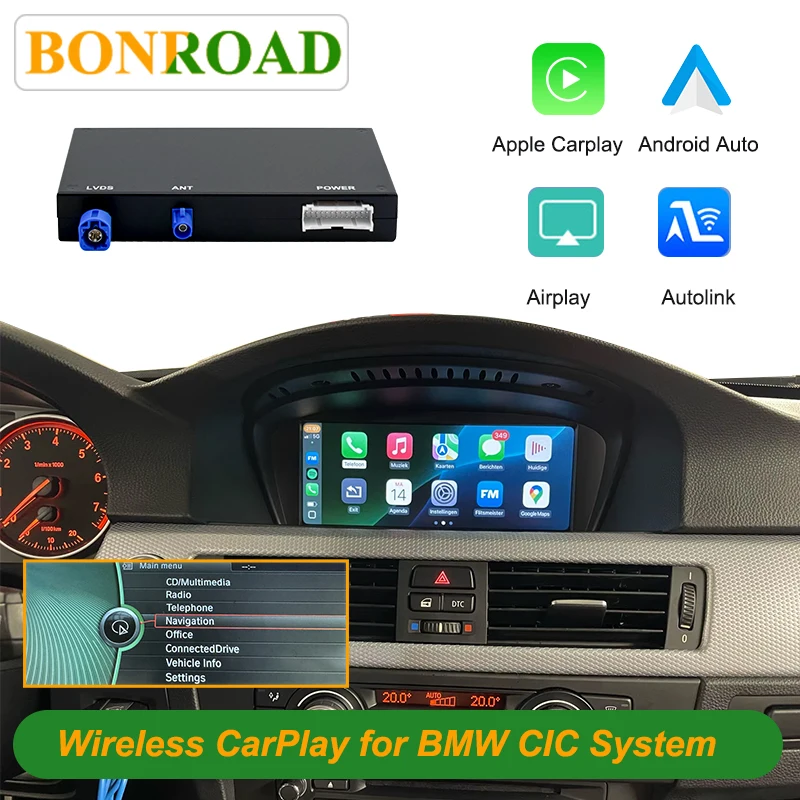 Bonroad Wireless Carplay Android Auto Decoder Box For BMW CIC System 3/5 Serie E60 E61 E90 E92 X1 E84 X3 F25 X4 F26 X5 E70 X6 E71 F10 F01 F07 Support Android Auto Mirror Link Navigation