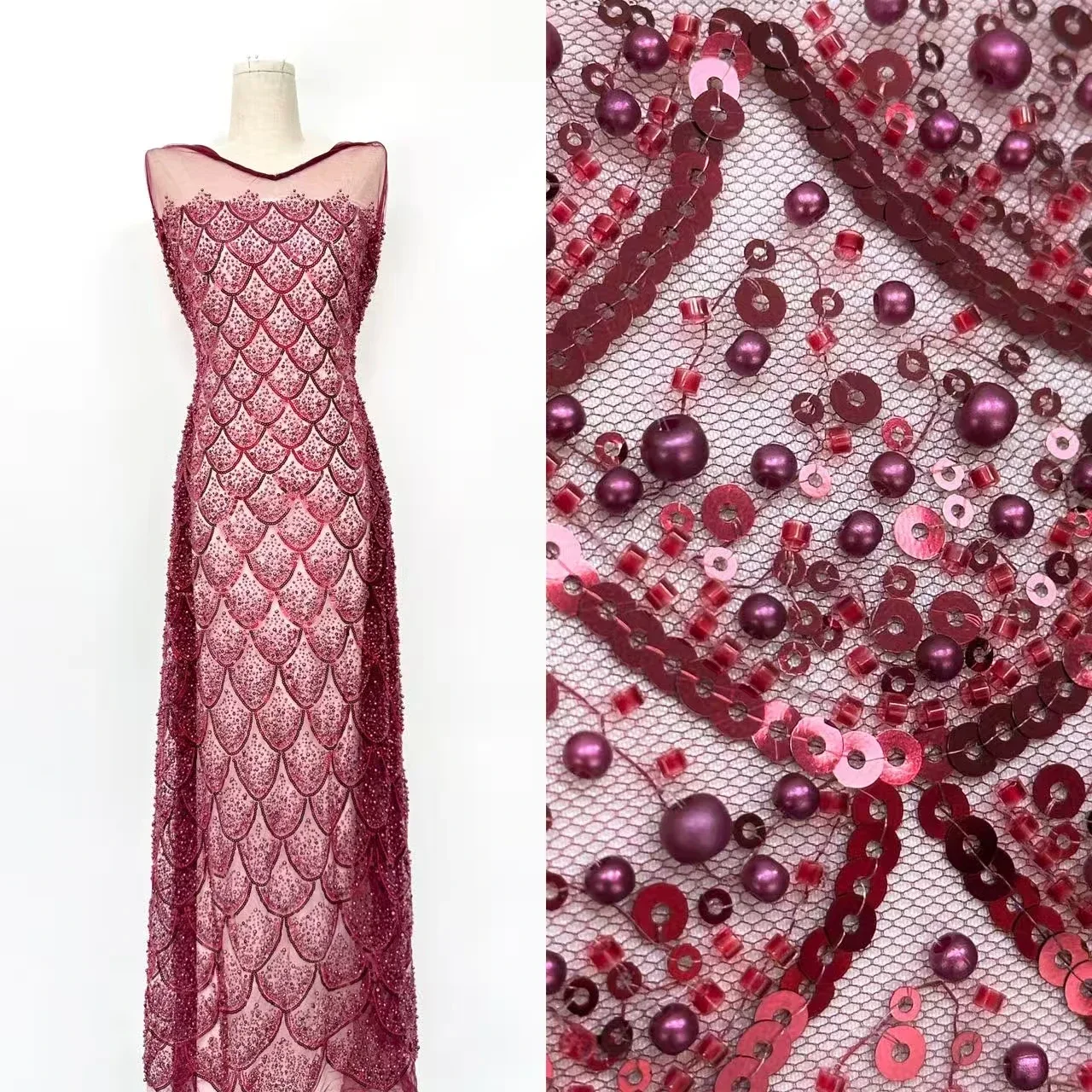 Brown African Handmade Beads Lace Fabric High Quality Nigerian Sequins French Tulle Fabric Material For Wedding Dress TP1651