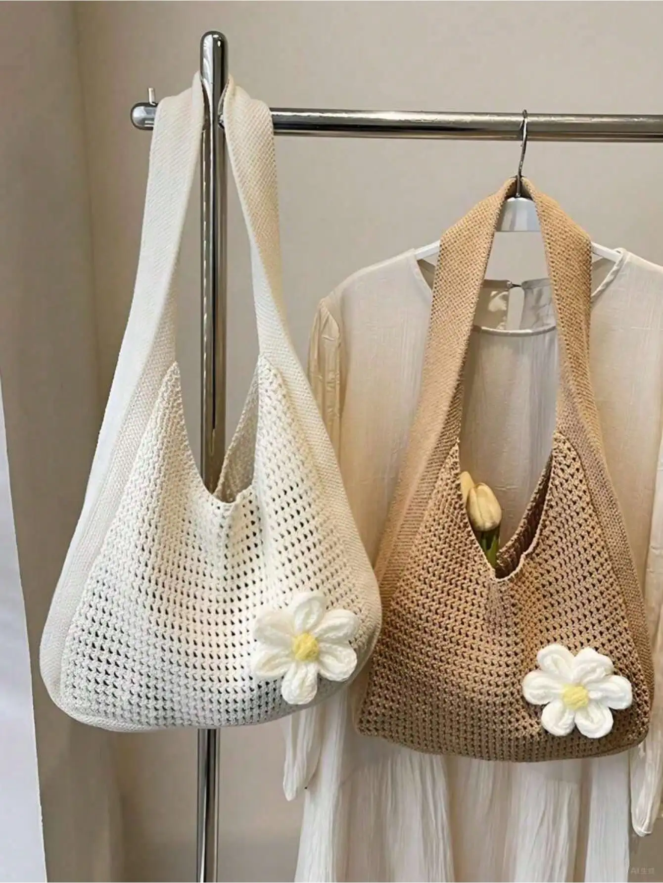 

One Shoulder Woven Bag, New Vacation Casual Beach Bag, Crochet Woven Tote Handbag, Back To School Student Project Bag