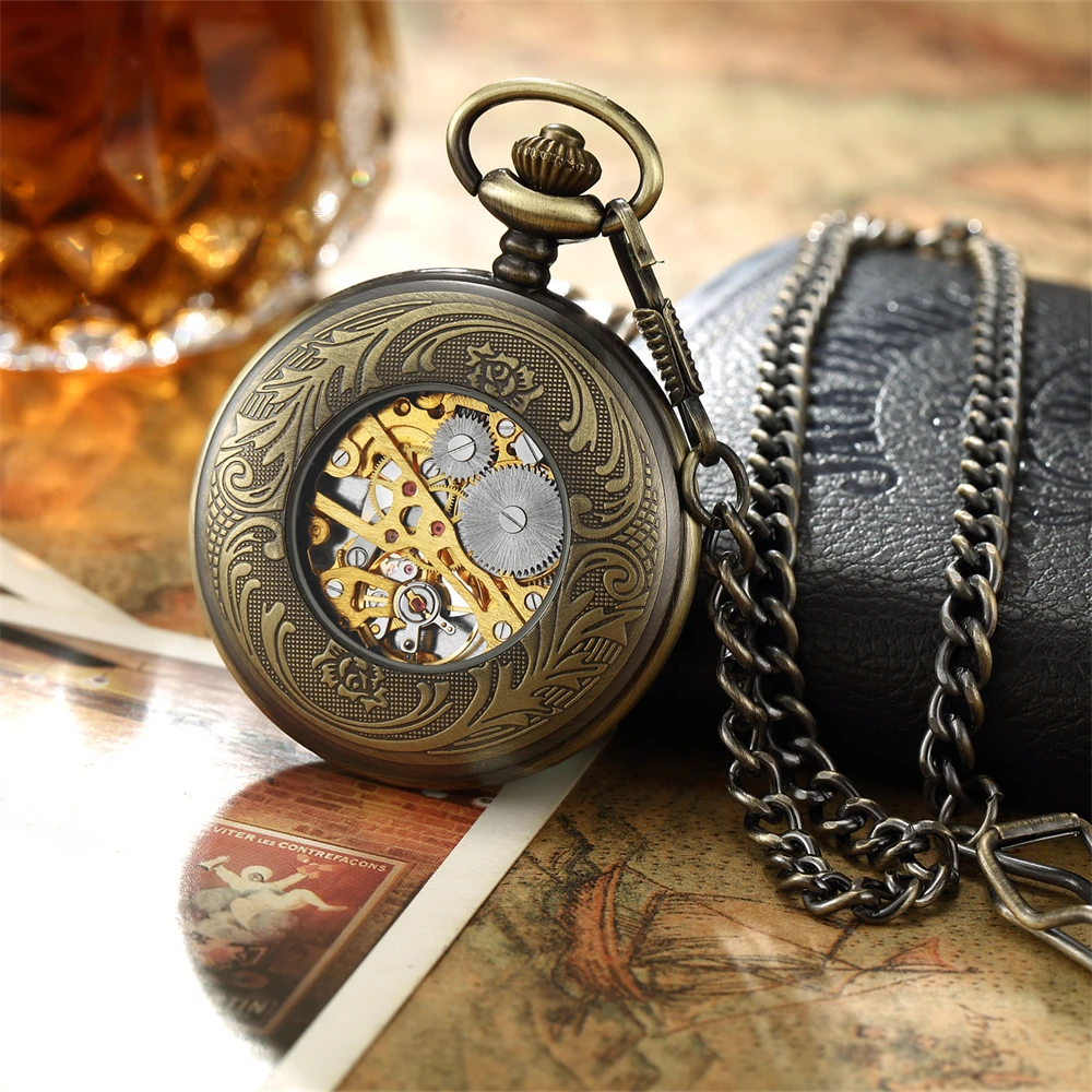 Vintage Skeleton Mechanical Pocket Watch Engraved Floral Design Hand Wind Fob Watch With Chain For Men Women Luxury Antique Gift