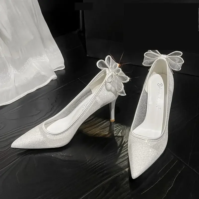 Size 33-42 White Wedding Shoes Women Lace Mesh High Heels Stiletto Thin Heel Wedding Bride Shoes Bow Dress Shoes