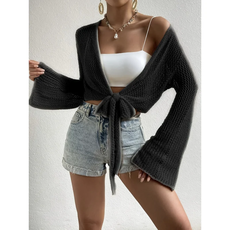 Women Open Front Tie Waist Crochet Cardigan Flare Bell Sleeve Hollow Knit Cropped Wrap Cover Up Layering Top
