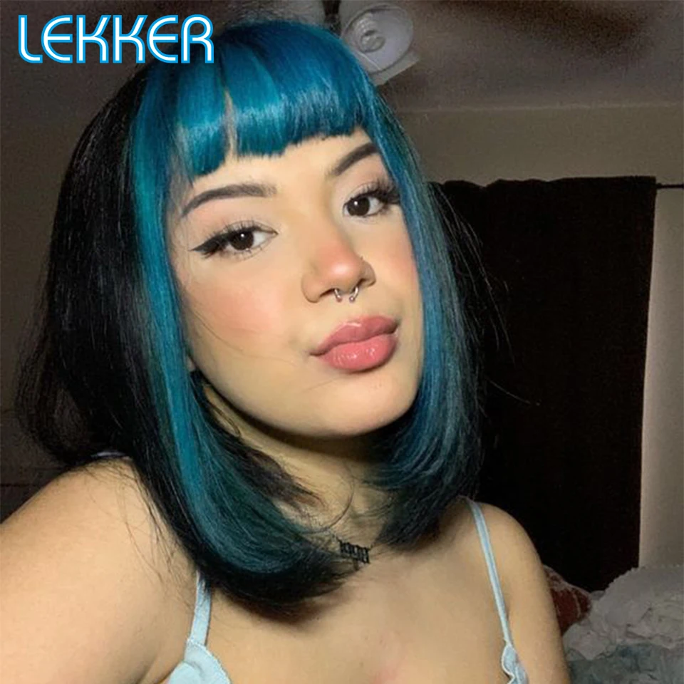 Lekker Wear to go Highlight Blue Short Straight Bob Human Hair Wigs With Bangs For Women Brazilian Remy Hair Colored Cosplay Wig