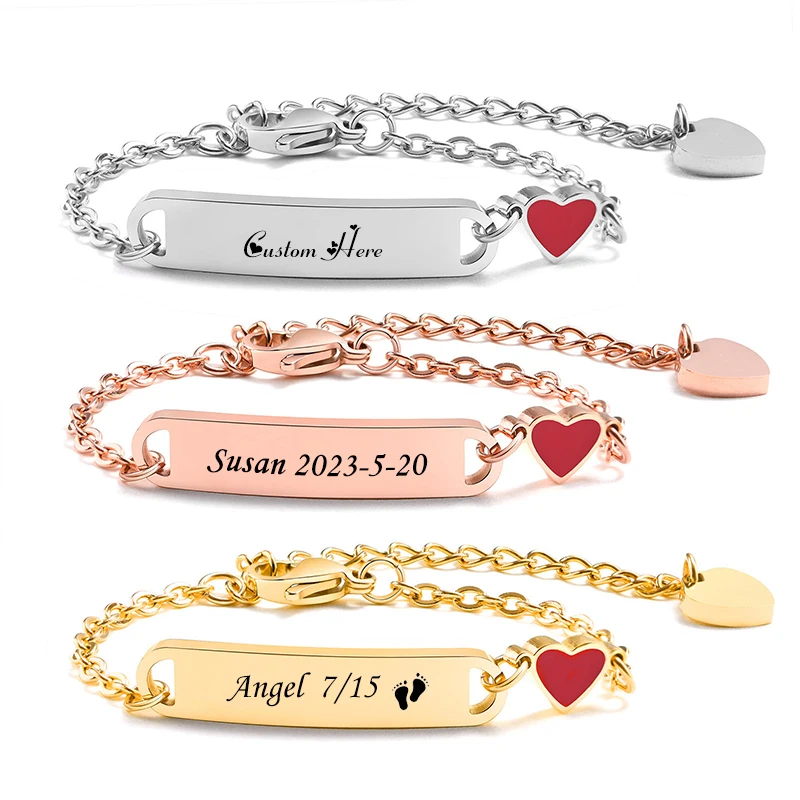 

Personalized Name Baby ID Bracelet Not Allergic Stainless Steel Chain Link Heart Bracelet Custom Newborn Girl Boy Jewelry Gifts