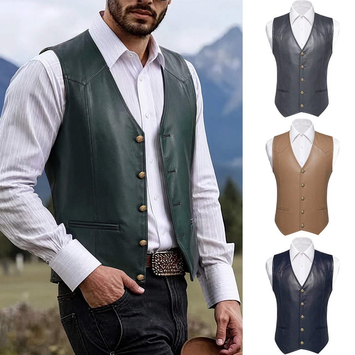 VERVEROW Men's Faux Leather Waistcoat, Single Breasted V Neck Sleeveless Vest with Pockets, Western Vintage Suit Vest