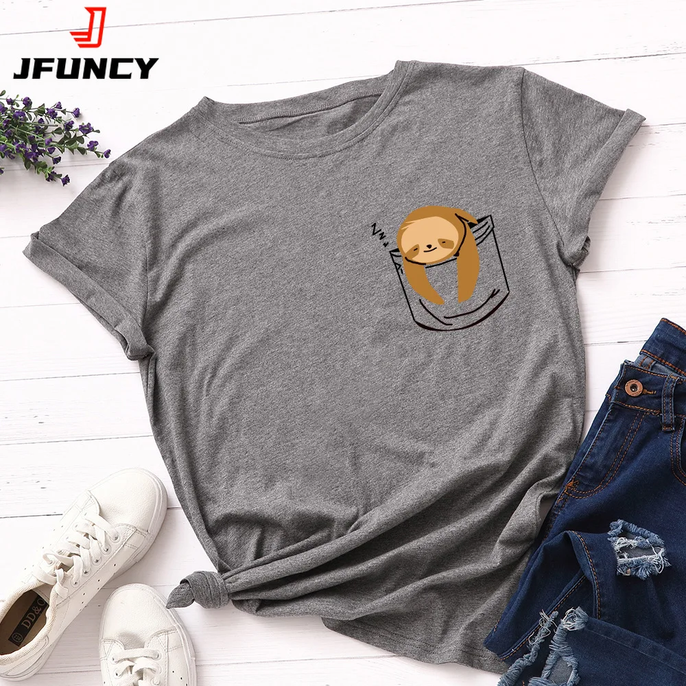 JFUNCY Short Sleeve Tee Women Top Oversized Cotton T-Shirt Female Summer Clothes Cute Sloth Pocket Graphic 2024 Women's T Shirts