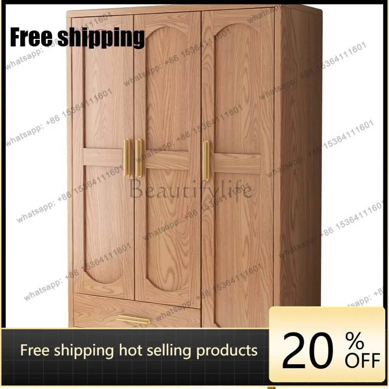 LX ash wood all solid wood wardrobe three doors simple Nordic Japanese rattan