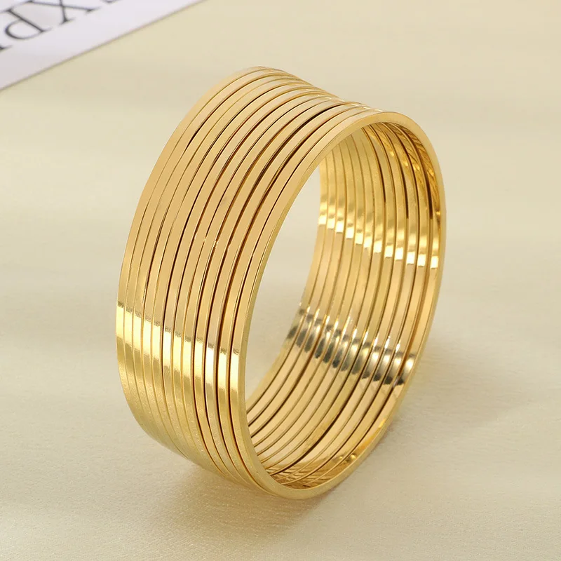 18K Gold Plated Bangles for Women Stainless Steel Glossy Stackable Thin 2mm Round Bracelets Solid Plain Polished Set of Jewelry