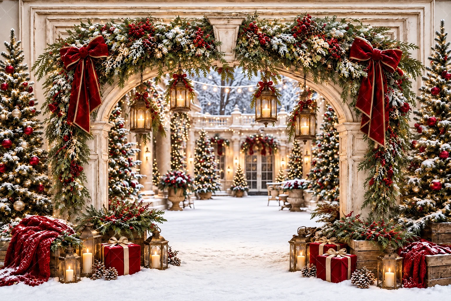 Elegant Christmas Arch Backdrop Snowy Courtyard Red Bow Garland Lanterns Holiday Photography Background for Party Decor