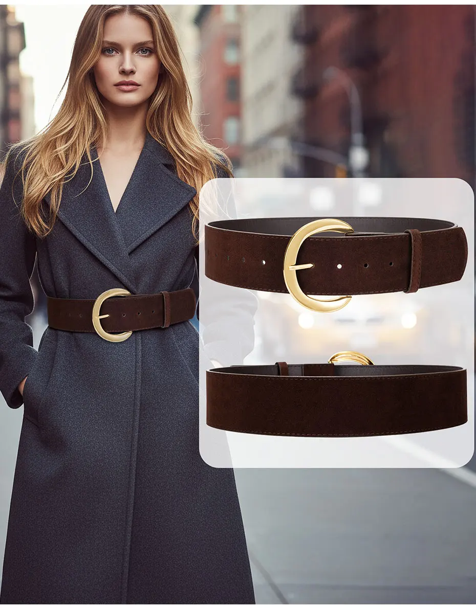 Maikun breite Wildledergürtel für Damen, Damen, klobiger Bund, modisch für Kleid mit goldener Schnalle – Detail 12