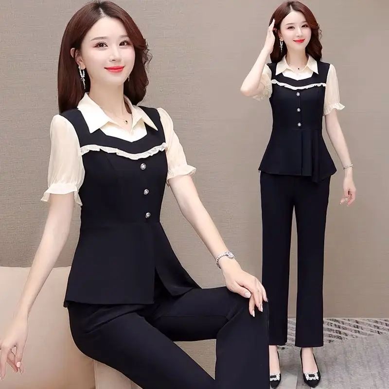 

Summer Fashion Patchwork Women's Pants Set Turn Collar Top 2 Pieces Office Lady Outfits Oversize Female Pantsuits High Quality