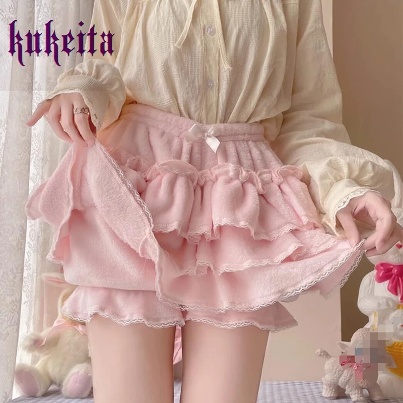 Kukeita Harajuku Japanese Sweet Lolita Safety Shorts Women Y2k Bow JK Bloomers Women Autumn Winter Warm Cute Plush Pumpkin Pants