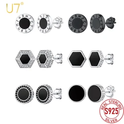 U7 925 Sterling Silver Norse Viking Rune Black Agate Stud Earrings for Man Women CZ Halo Round Hexagon Onxy Unisex Daily Jewelry