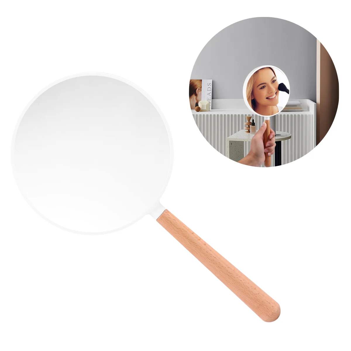 

Vintage Handhold Makeup Mirror Wood Travel Makeup Mirrors Hand Held Mirror for Women Female (White)