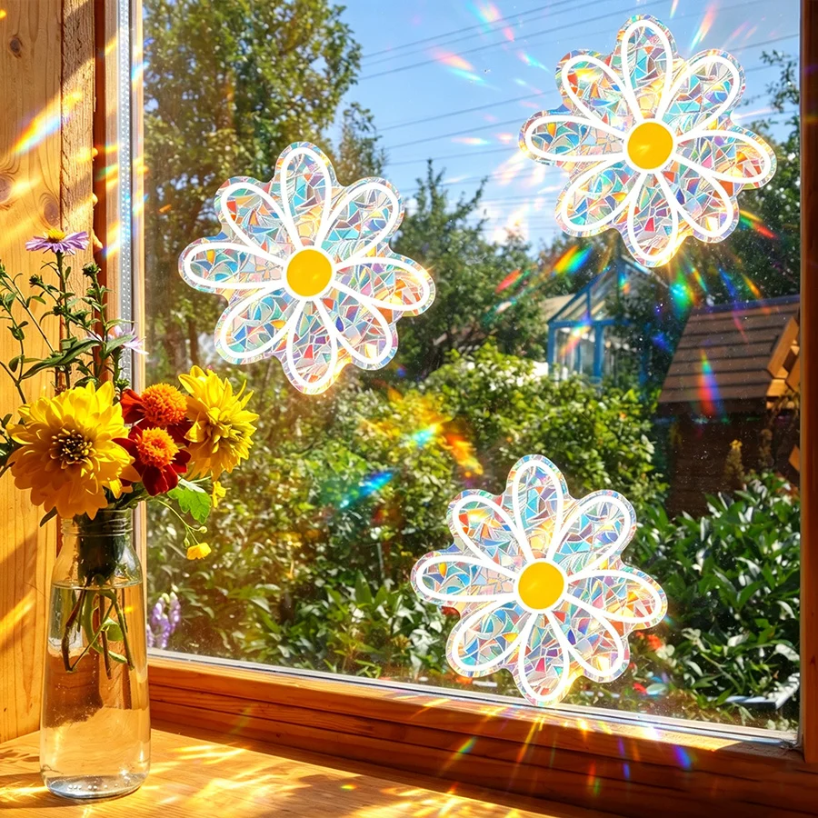 1pc Cute Daisy Suncatcher Window Clings, Cottagecore Static Cling Decals for Bedroom Living Room Kitchen Window, Removable
