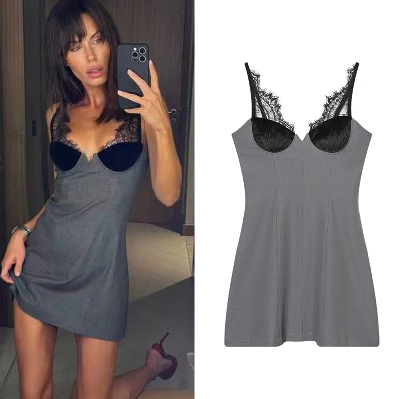 Damenkleid 2025, neue Mode, sexy Spitze, tiefer V-Ausschnitt, Slip-Kleid für Frauen, Ersonalität, einzigartiges, schickes Damen-dünnes Kleid