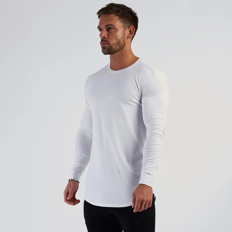 T-shirt de fitness en coton à manches longues pour hommes, t-shirt de sport coupe couvertes, chemise de course à col rond, t-shirt de gym, t-shirt de musculation, printemps, automne