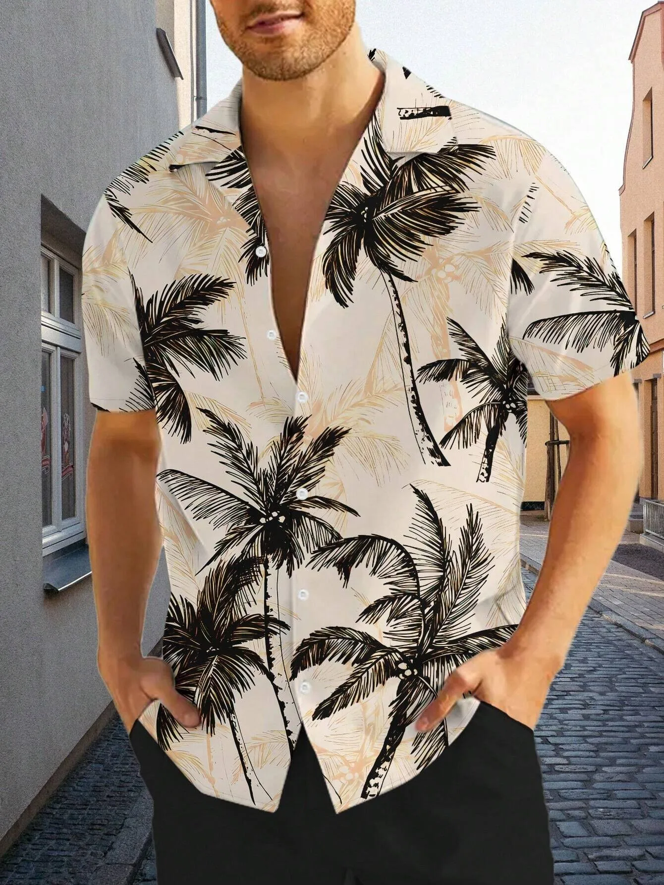 

2026 Summer New Style Men's Short-Sleeved Shirt with 3D Coconut Tree Pattern Print - Street Casual Fashion Comfortable and Soft