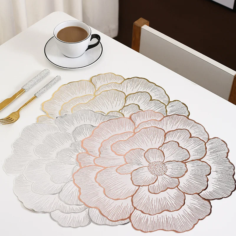 4/6/8/10/12 Pcs Creative Peony Placemat Nordic Dinning Table Decorative Mat Gold Plated Home Coasters PVC Waterproof Meal Mat