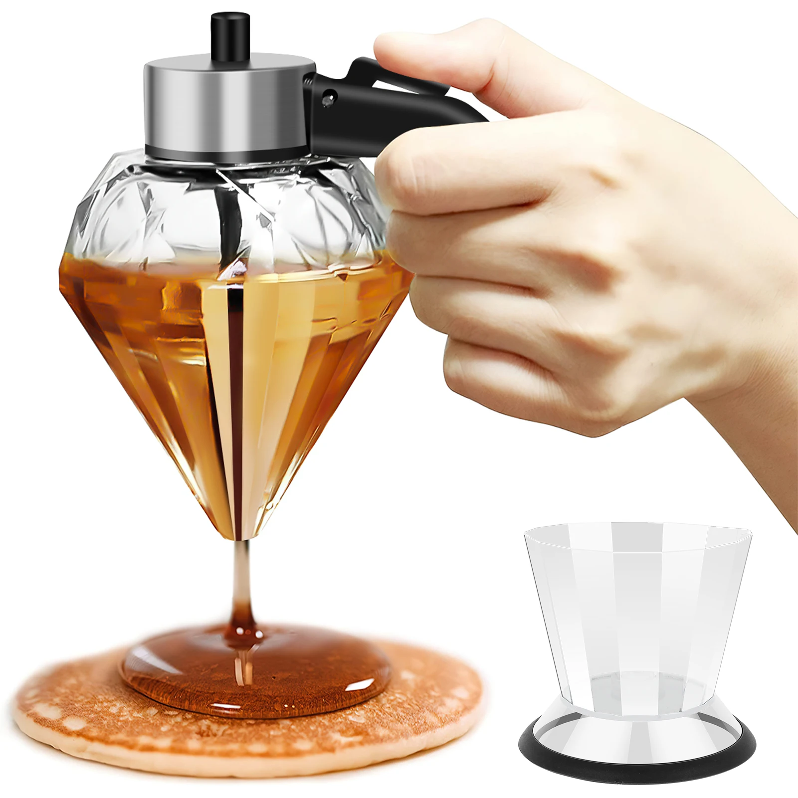Dispensador de miel de vidrio con forma de diamante de 200ml con soporte, tarro de miel, botella de aceite multifuncional, dispensadores de salsa de vinagre, herramientas de cocina