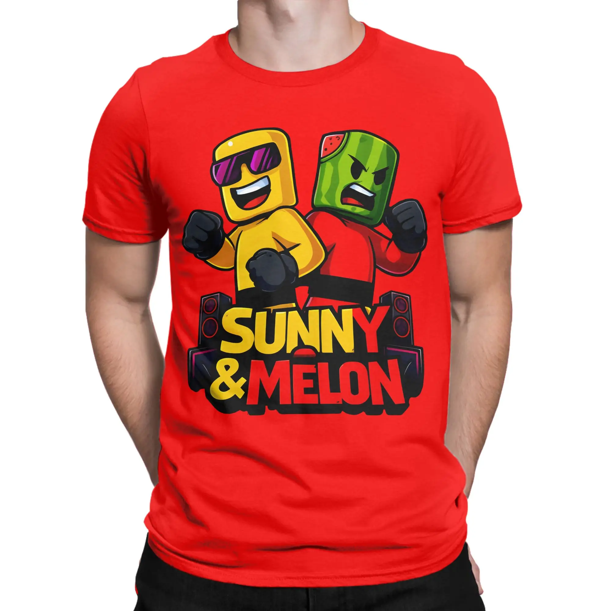 T-Shirt Beach Sunny And Melon Fist Pose With Speakers Cartoon Art T Shirts Cotton Tee Shirt for Couple Y2K Short Sleeve Clothing