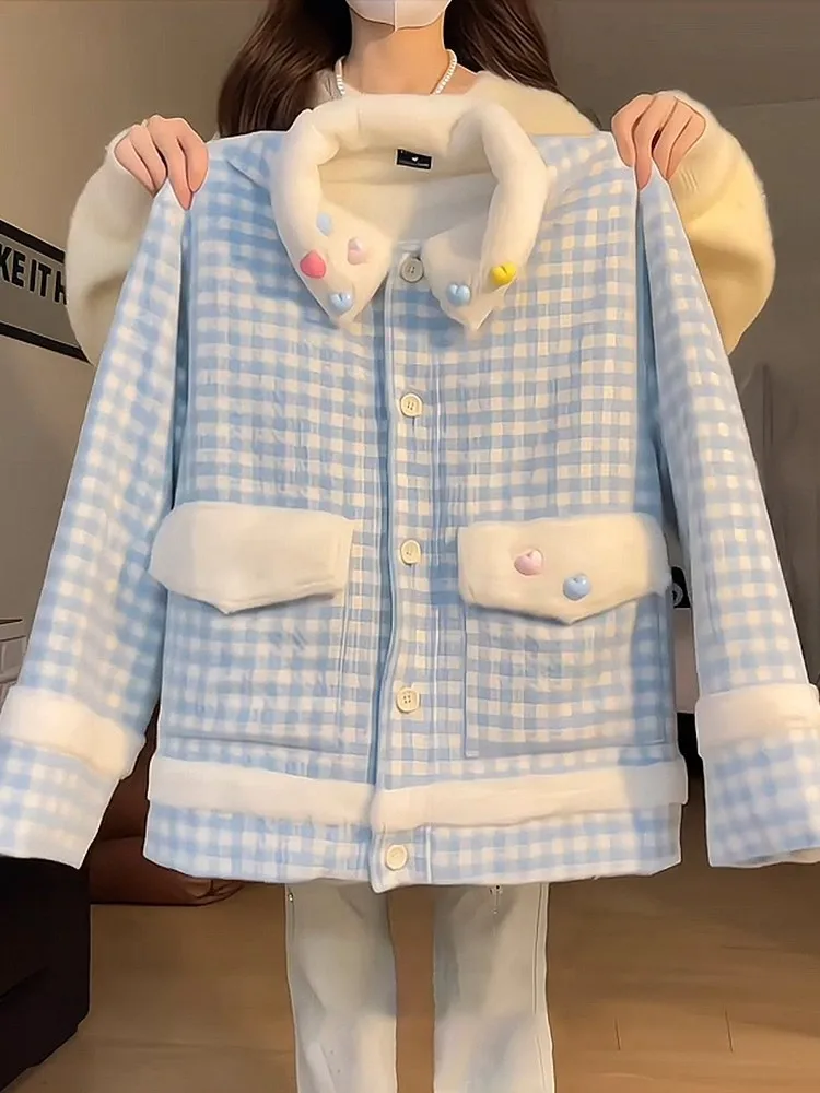 

Thickened Collar Cotton Jacket Small Fragrance Style Sweet Anti-Aging Plaid Design Winter Outerwear Heart Button Design