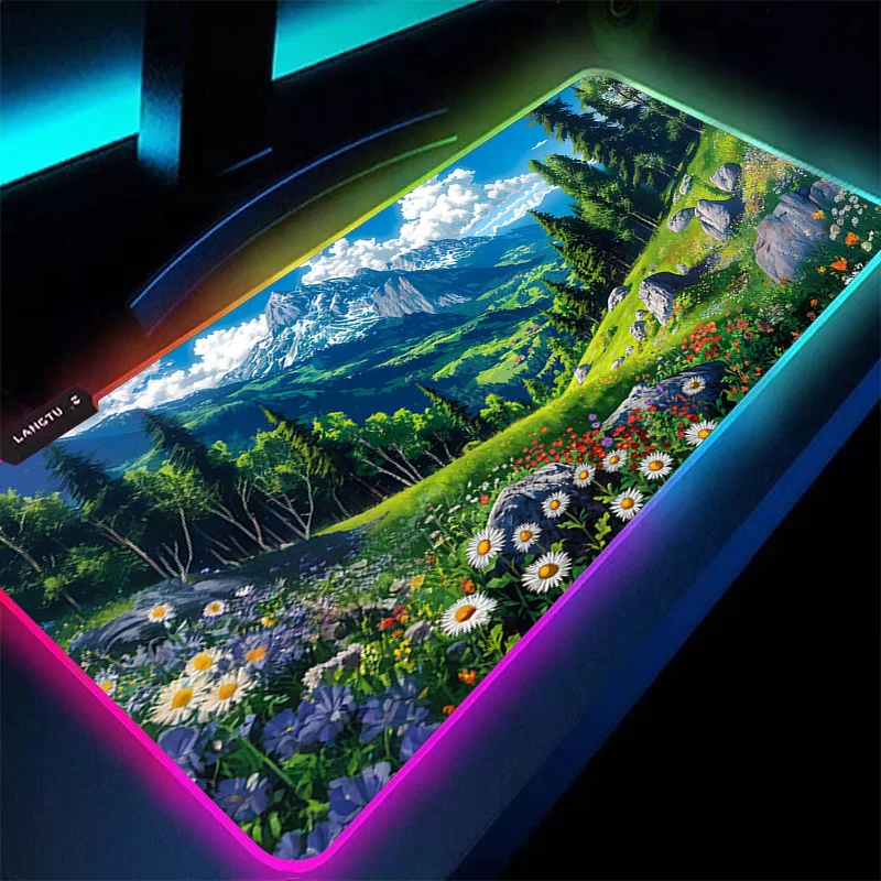 Anime Scenery Mouse Pad LED Laptop Green Plants Gaming Mousepad RGB Computer Kawaii Gamer Cabinet Keyboard Rug XL Desk Mat