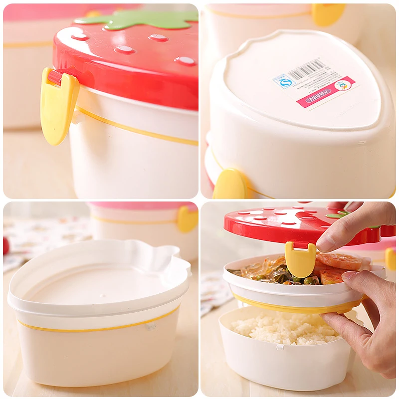 2 Layer Bowl Strawberry Shape Lunch Box 500ml Double Storage Bento Boxs Food Fruit Cute Microwave Tableware Bowl for Kids School