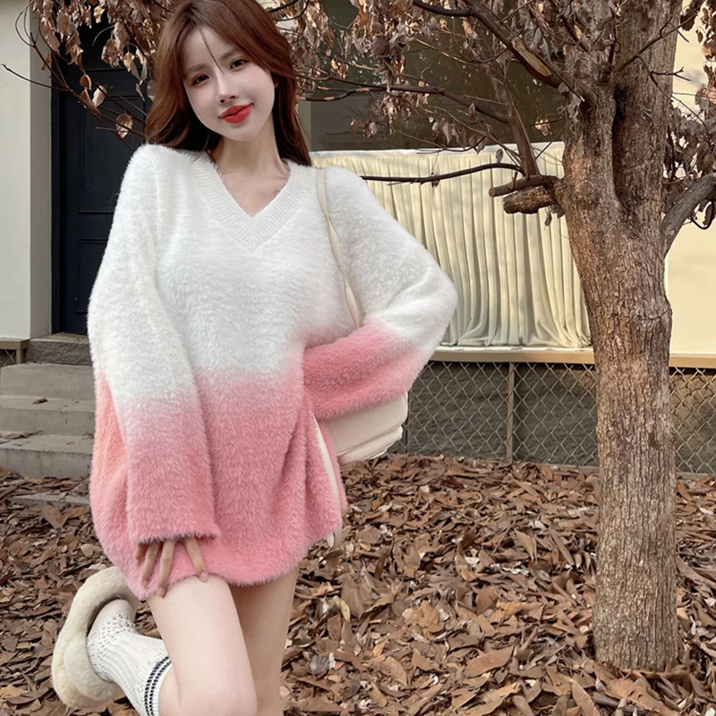 Women's Fashion Gentle Wind Gradual Change V-neck Soft Waxy Mohair Pullover Sweater Slouchy Comfortable Temperament Sweater Top