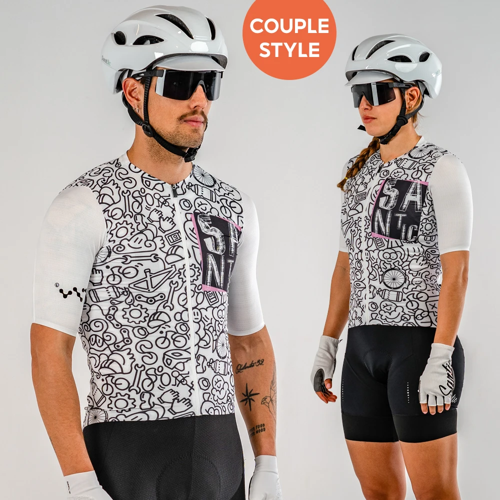 Santic Unisex Cycling Jersey Men Women Summer Quick-Dry Full-zip Bicycle Shirts Breathable Reflective MTB Road Tops Asia XXS-3XL