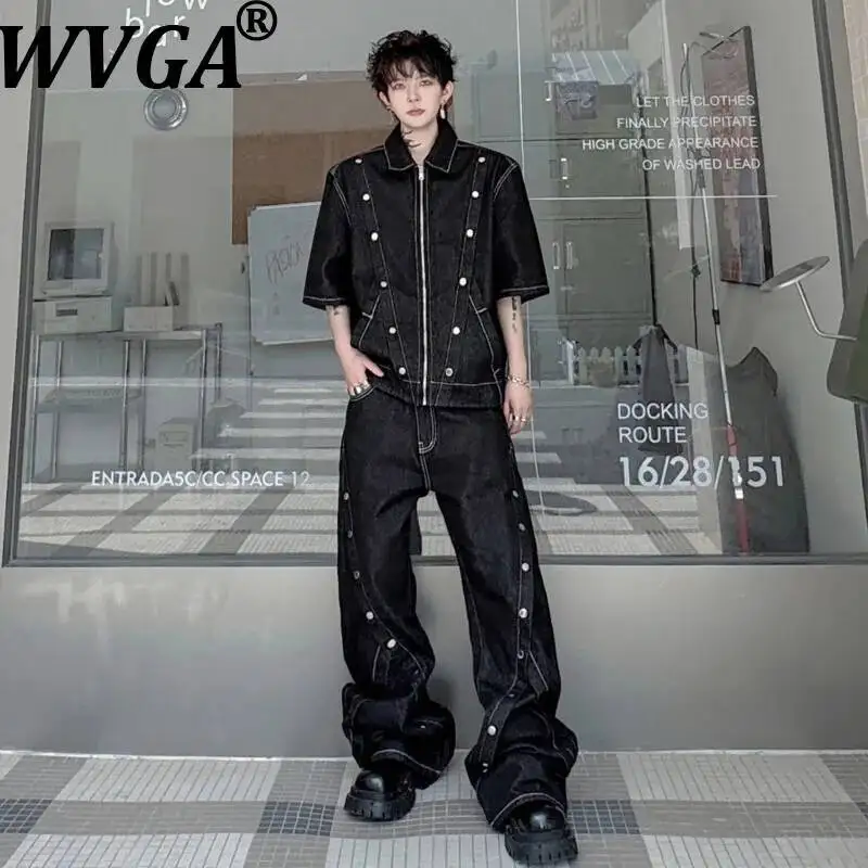 

WVGA 2026 Summer New Men's Denim Short Sleeved Jacket Decorative Buttons Design Ncihe Casual Denim Jeans Two Pieces Sets W24378