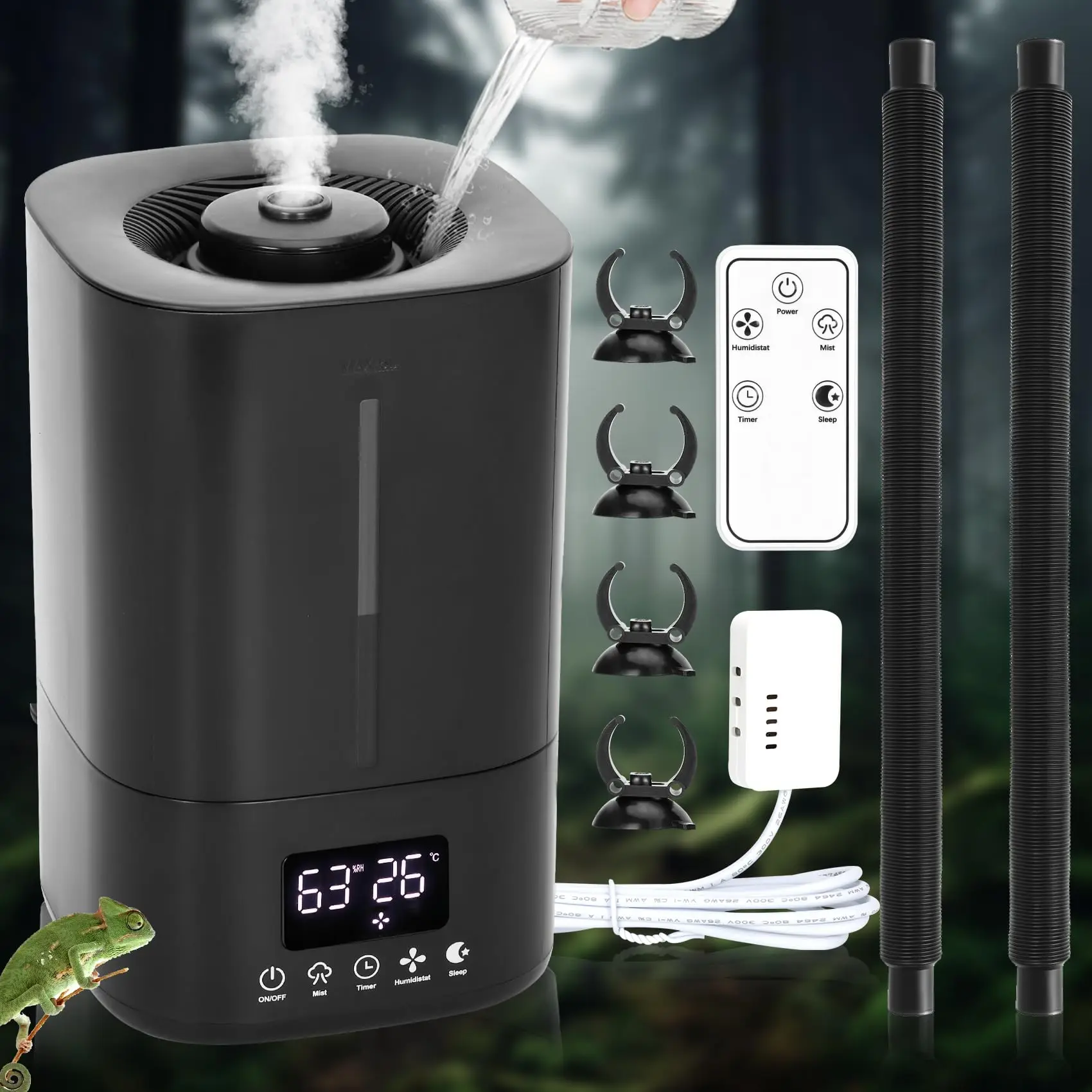 Reptile Humidifier 5L Top Fill Dual Hose Automatic Smart Humidity Control Quiet 35dB for Ball Python Chameleon Gecko Terrarium