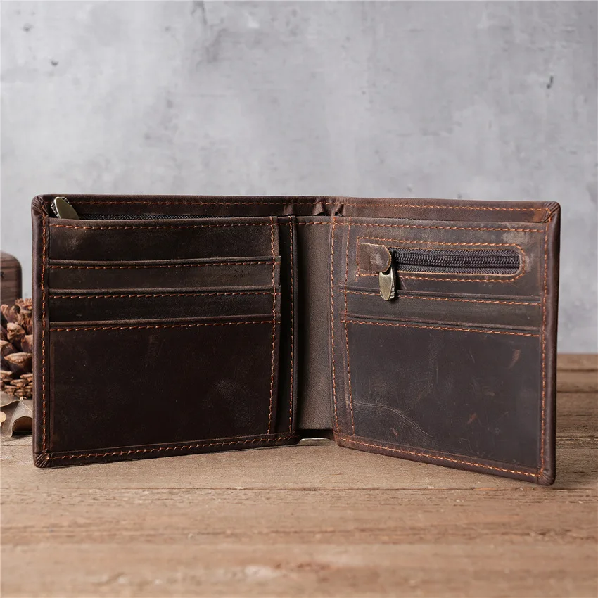 1117 Men's Biffold Retro Genuine Leather Wallet Crazy Horse Leather Short Multi Slot Wallet Casual Card Bag