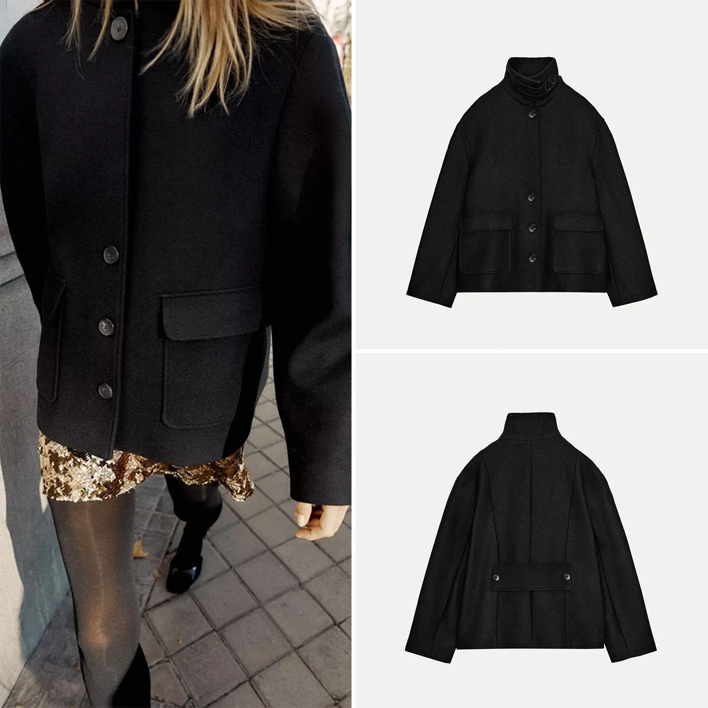 

Faionable ort Coat Women's Sle Stand Collar Jaet Personali Winter New Arrival Z Loose Fit Long Sve Coat