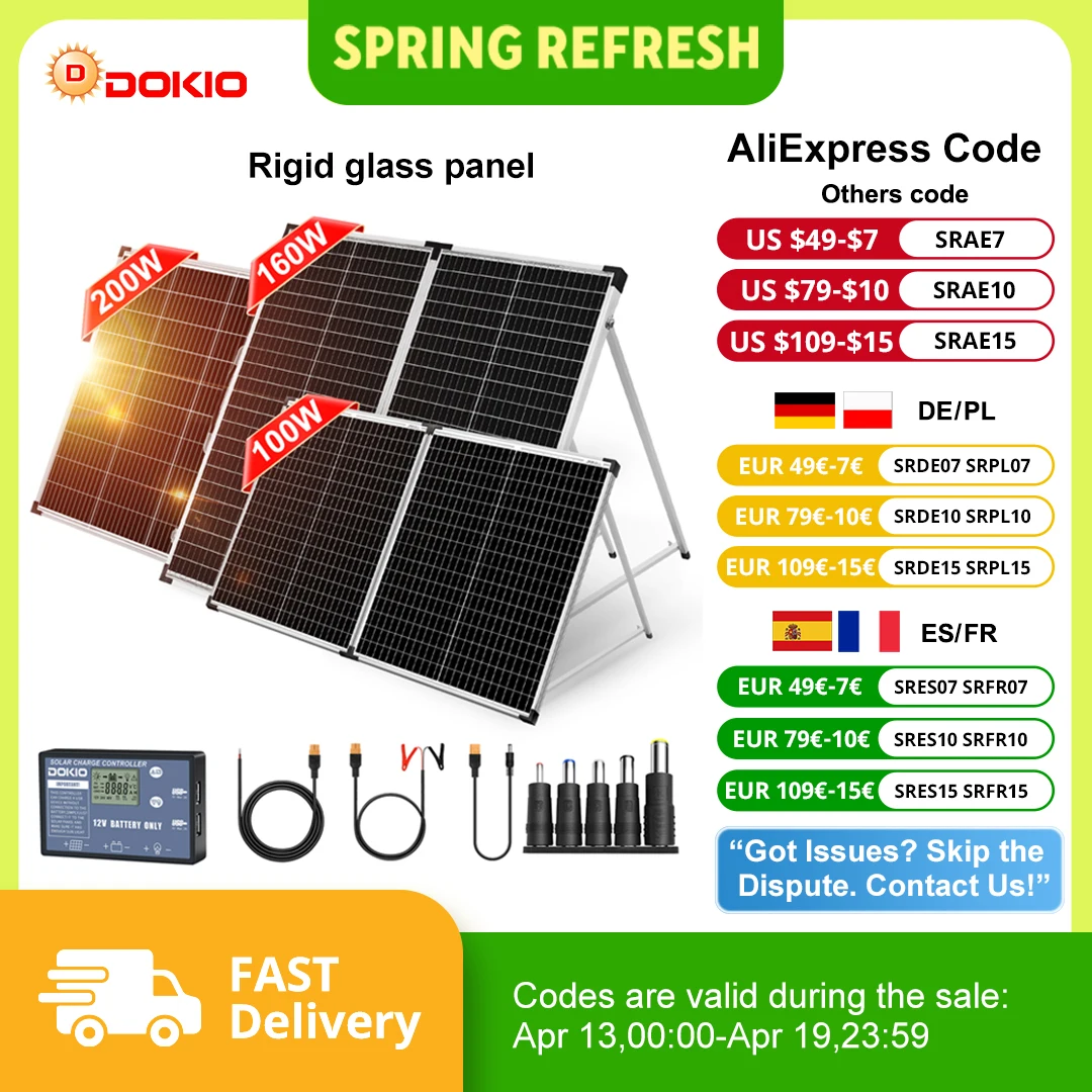 Panneau solaire pliable Dokio pour camping-car, système hors réseau, monocristallin 100W 160W 200W avec contrôleur 12V