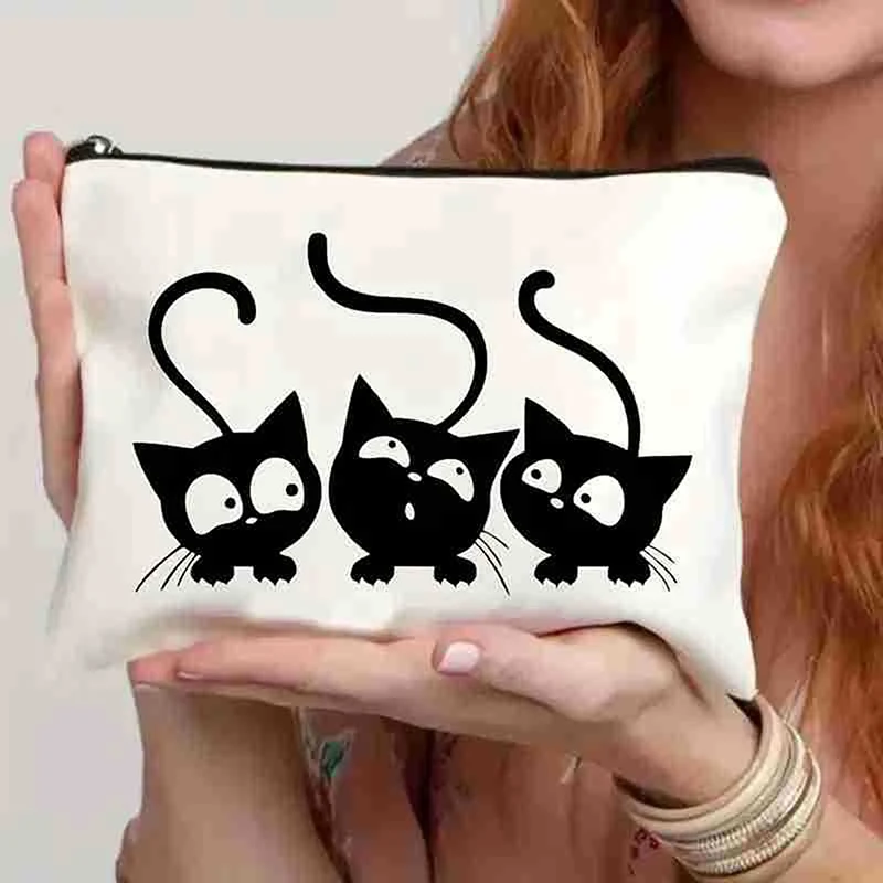 Animal Cute Casual Makeup Bag Travel Portable Storage Storage Bag Mini Toiletry Bags Black Cat Printing Women Cosmetic Bags