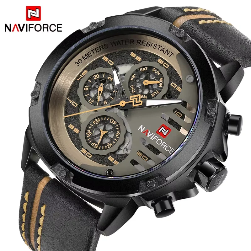 NAVIFORCE New Top Luxury Brand Mens Watches Waterproof 24 hour Clock Date Quartz Watch Man Sport Leather Wrist Watch Men