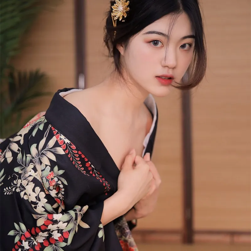 Kimono Japanese Style Dress Bathrobe Black Gentle Fashion Photography Clothing