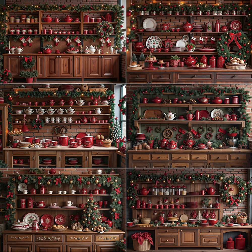 MOON.QG Red Christmas Kitchen Photography Backdrop Wreath Wooden Cabinet Home Decoration Background Baby Studio Photocall Props