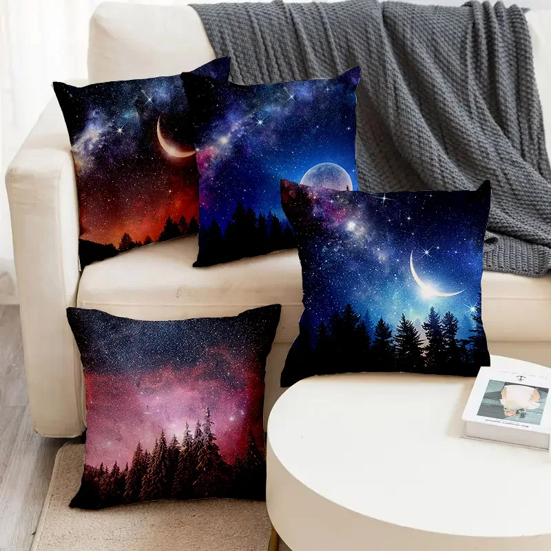 

Starry Sky Night Moon Forest Pattern Printed Square Pillowslip Linen Blend Cushion Cover Pillowcase Living Room Home Decor