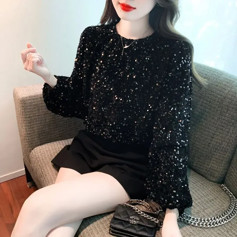 เสื้อผ้าผู้หญิงเกาหลีแฟชั่นแขนยาว Elegant Chic เสื้อยืดฤดูใบไม้ร่วงฤดูหนาวสบายๆ O คอสีดําหลวม Tops