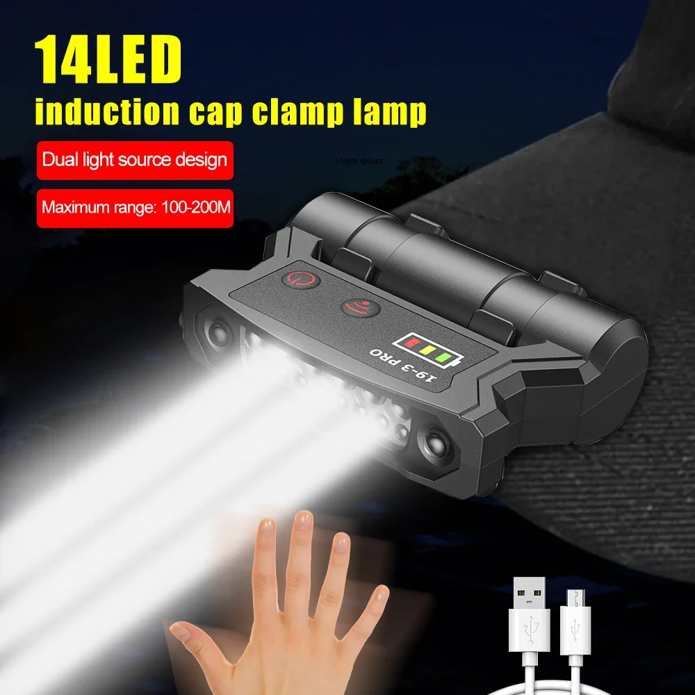 

USB Rechargeable LED Headlamp Cap Clip Light IR Motion Sensor Hat Clip Headlight Waterproof Head Lamp for Riding Fishing Hunting