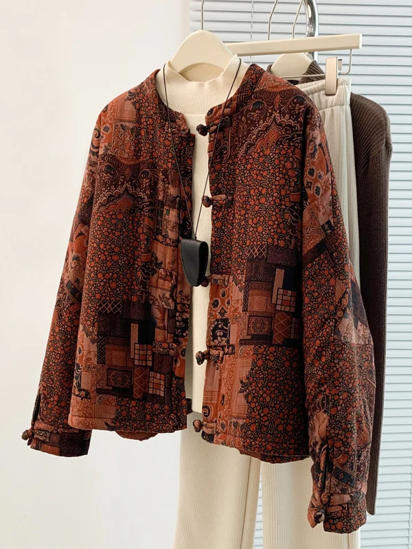 

Retro Chinese Sle Thiened Cotton Jaet Women's Loose Buttoned Cotton Coat Warm Winter Top Long Sve round Ne