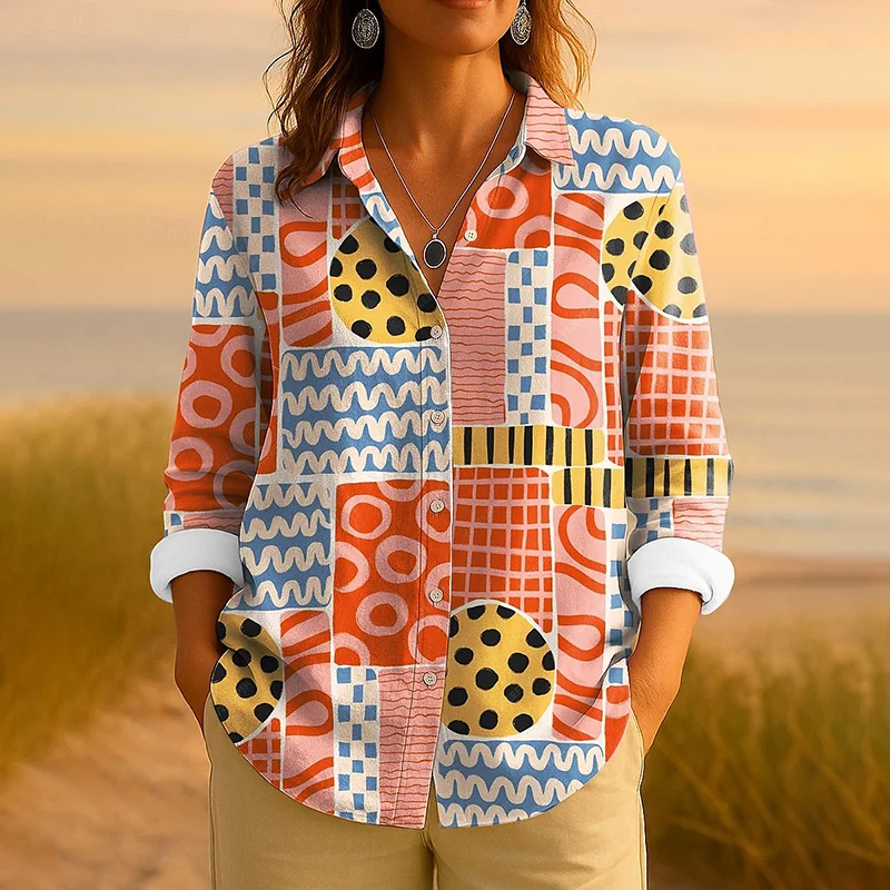 

Women's Shirt Graphic Geometric Striped Vintage Long Sleeve Shirts Collar Regular Tops Work Daily Buttons Print Clothing
