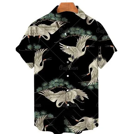 Men's Shirt - New Spring 2019 European Style 3D Printed Collar Short shirts Sleeve Retro Stripes Casual Shirt for Men