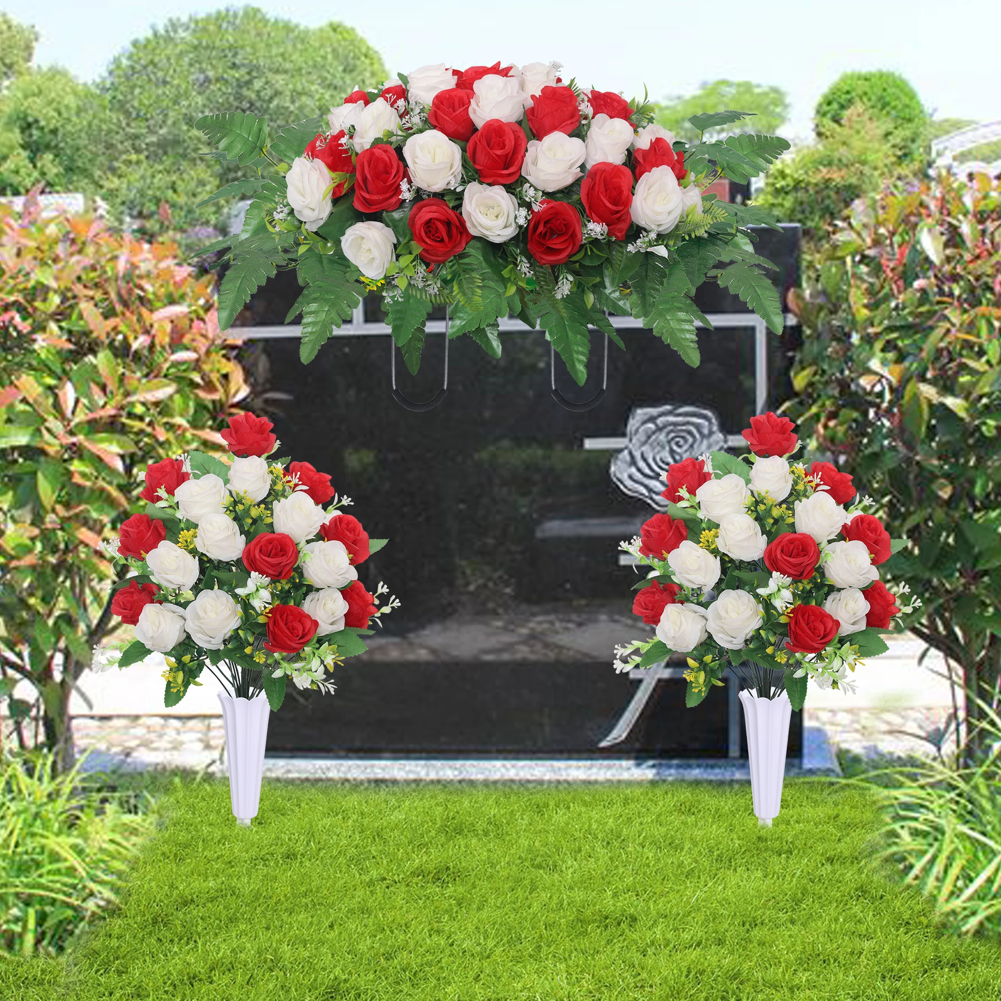 

3Pcs Artificial Cemetery Flower-Outdoor Grave Saddle Headstone Decorations Rose Memorial Day Flowers For Gravesite