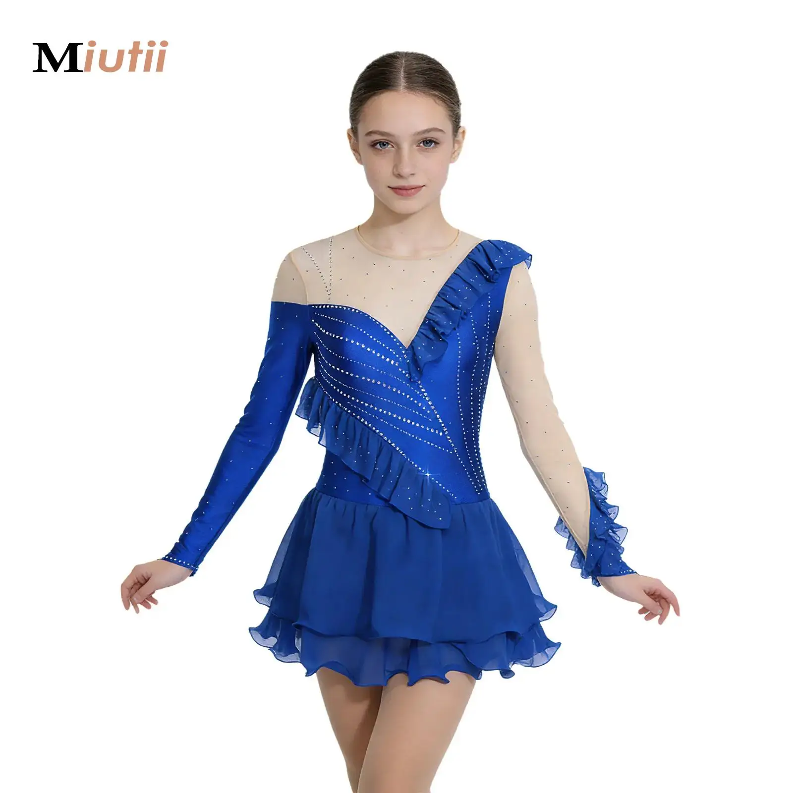 

Женский гимнастический купальник для взрослых: платье-боди для фигурного катания, художественной гимнастики, танцев, с рюшами и блестящими стразами