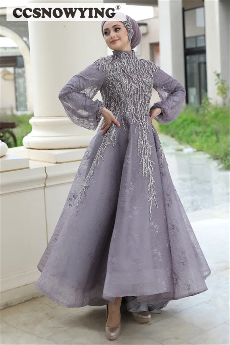 Lace Beaded Muslim Hijab Evening Dresses Long Sleeve Islamic Prom Dress Women Formal Party Gown Arabic Dubai Robe De Soiree