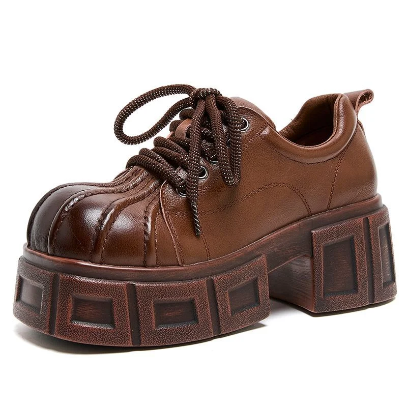 

Новинка весны и осени 7 см, женские повседневные туфли на платформе в стиле ретро с большим носком из натуральной коровьей кожи на шнуровке в британском стиле на толстом высоком каблуке